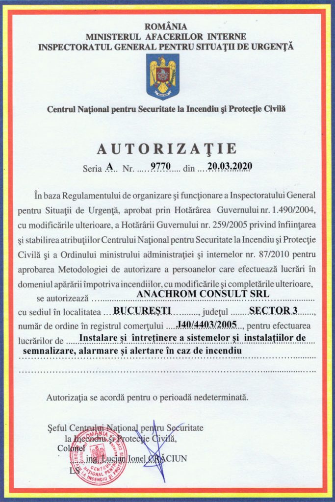 Autorizatie Centrul National pentru Securitate la Incendiu si Protectie Civila - NG-Network powerd by Anachrom Consult