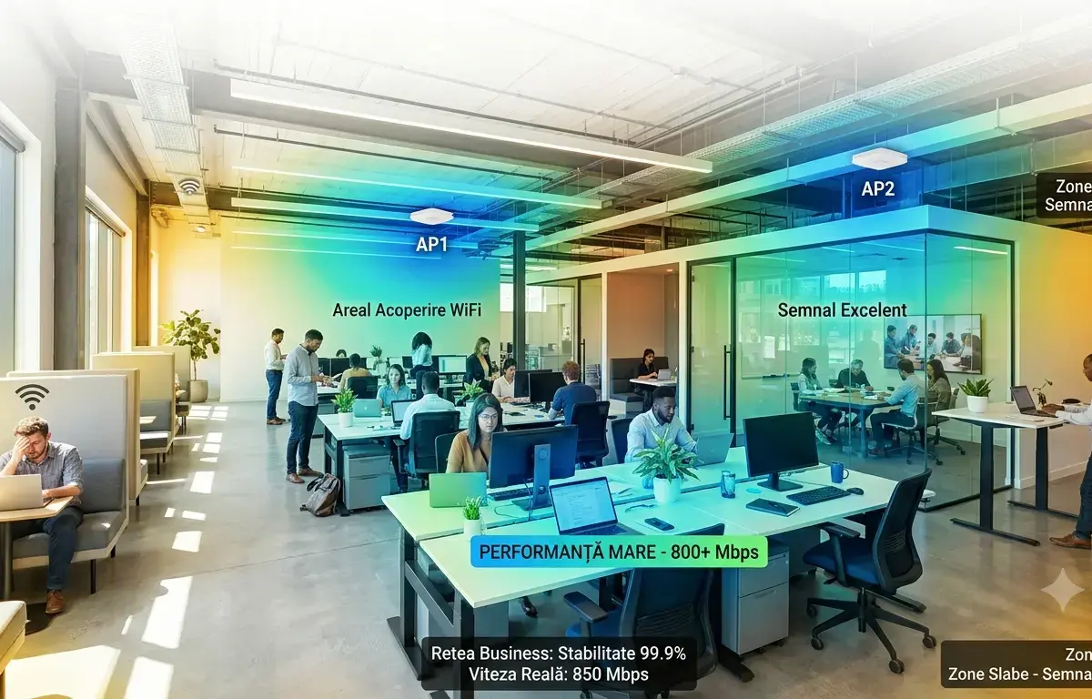 Birou modern cu acoperire Wi‑Fi business și heatmap al semnalului