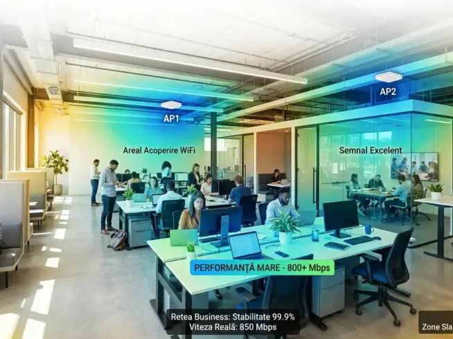 Birou modern cu acoperire Wi‑Fi business și heatmap al semnalului
