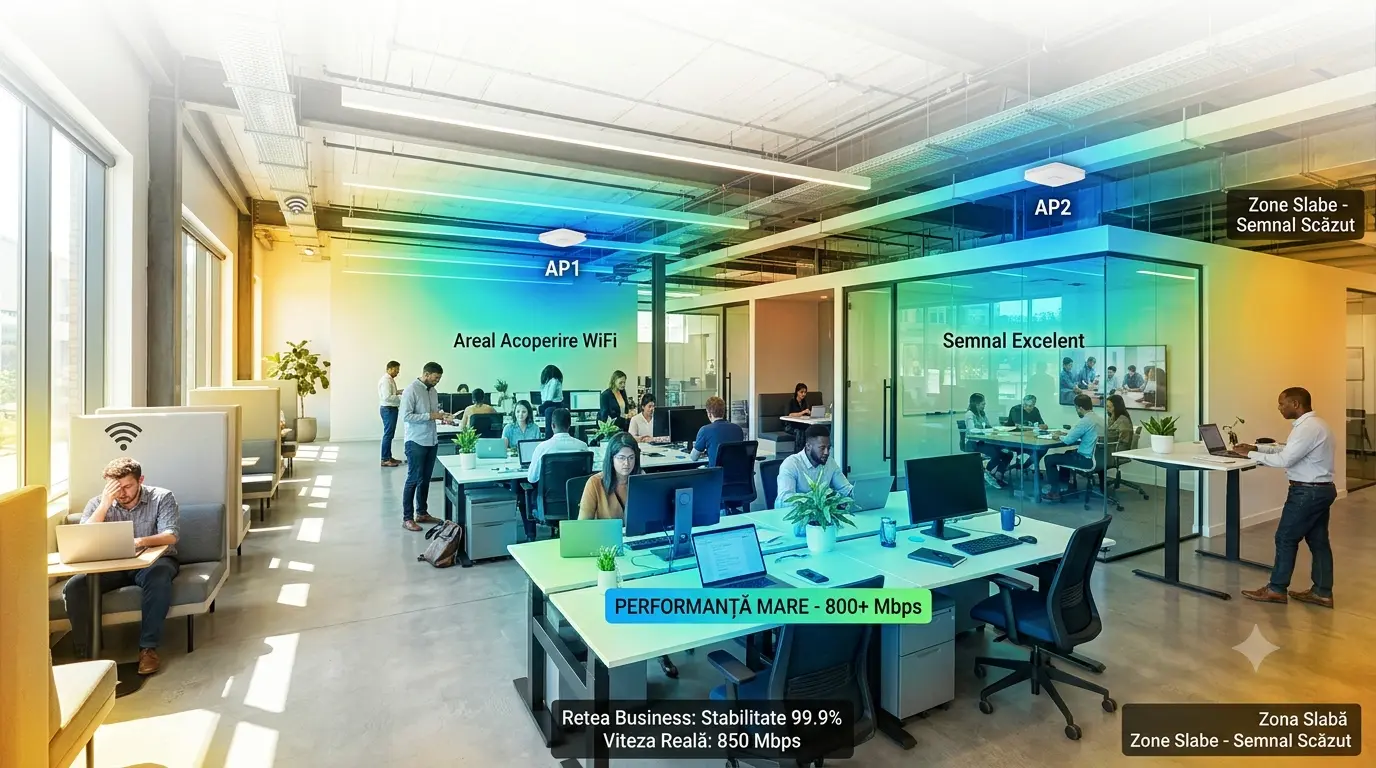 Birou modern cu acoperire Wi‑Fi business și heatmap al semnalului